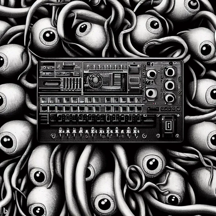 a black and white drawing of an electronic device surrounded by alien heads