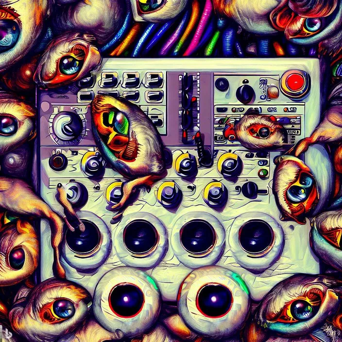 a digital painting of a control panel surrounded by eyes