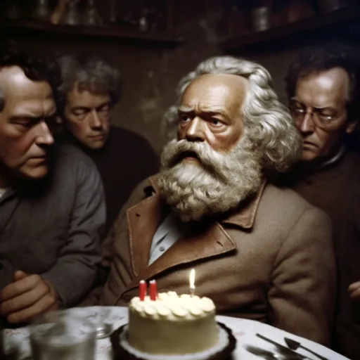 a group of men standing around a table with a cake