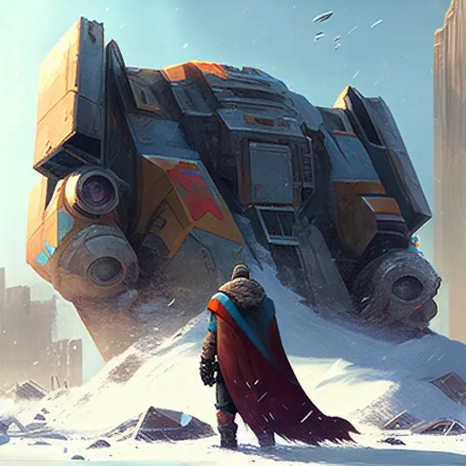 a man standing in front of a giant robot in the snow