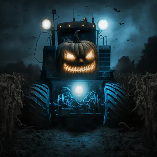 a tractor with a jack - o - lantern face on it