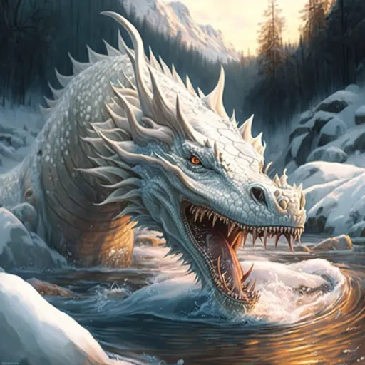 a white dragon with its mouth open in the water