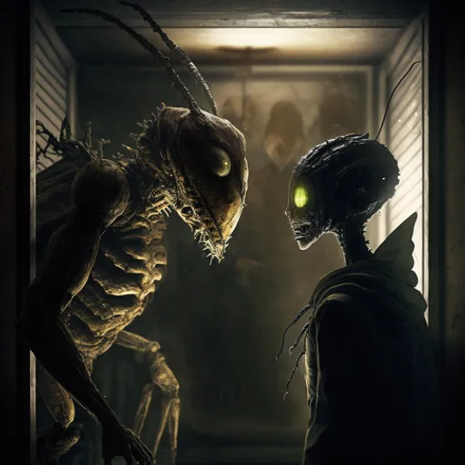 an alien and a man in a dark room