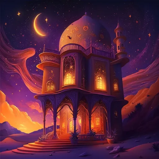 a painting of a building in the middle of the night