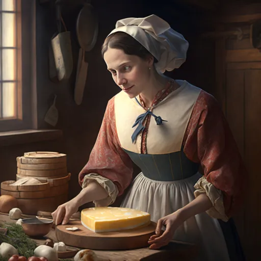 a painting of a woman cutting cheese on a cutting board