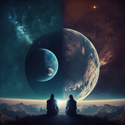 two people sitting on a hill looking at the planets