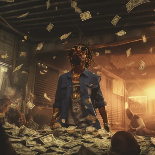 a man standing on top of a pile of money