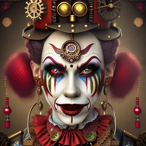 a painting of a clown with a clock on his head