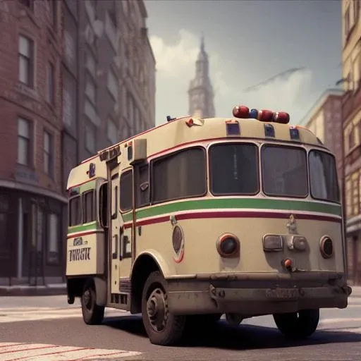 an old ambulance is driving down the street