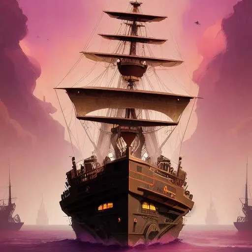 a painting of a ship floating in the ocean