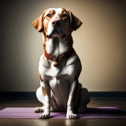 a brown and white dog sitting on top of a purple mat