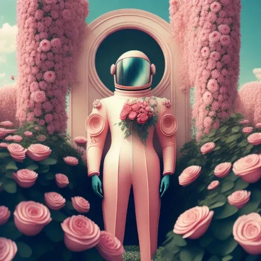 a man in a space suit standing in a field of flowers