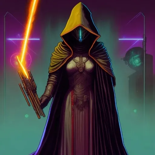 a woman in a star wars outfit holding two lightsabes