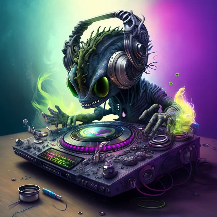 an alien dj playing music on a turntable