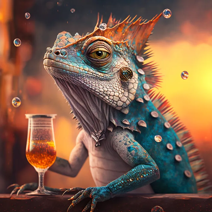 a painting of a lizard holding a wine glass