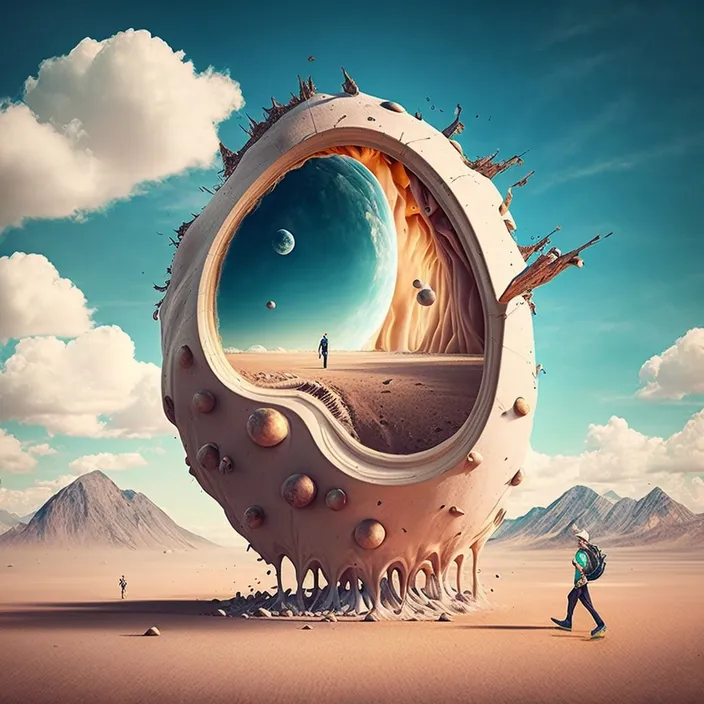 a man walking in front of a giant object in the desert