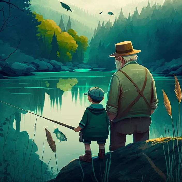 an old man and a young boy fishing in a lake