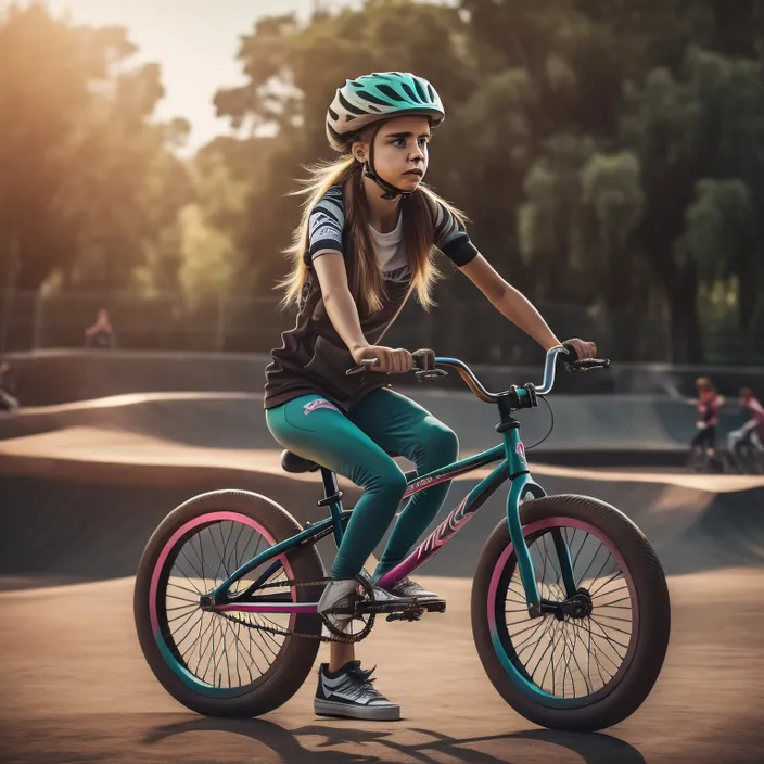 a young girl riding a bike in a skate park