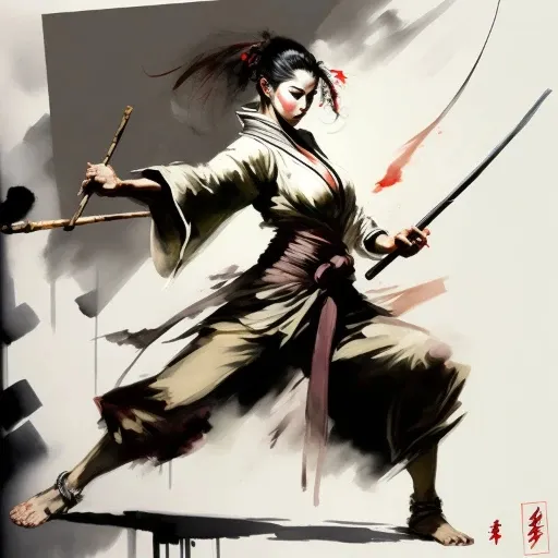 a painting of a woman holding two swords