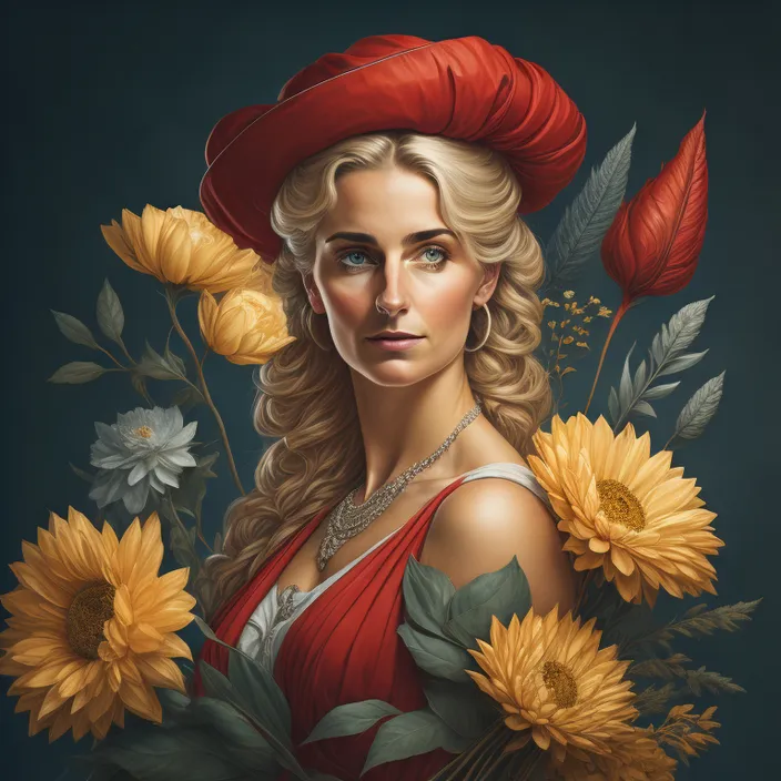 a painting of a woman wearing a red hat and holding sunflowers