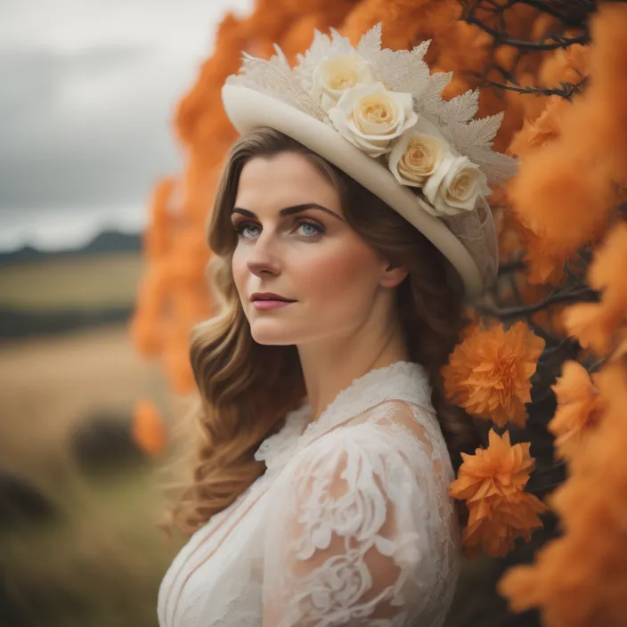 a woman in a white dress and a white hat