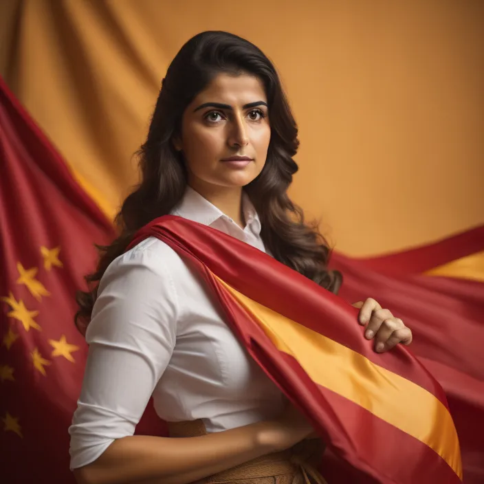 a woman holding a red and yellow flag