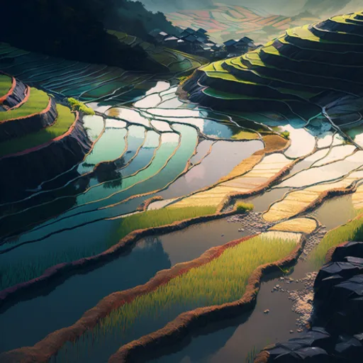 a painting of a rice field with mountains in the background