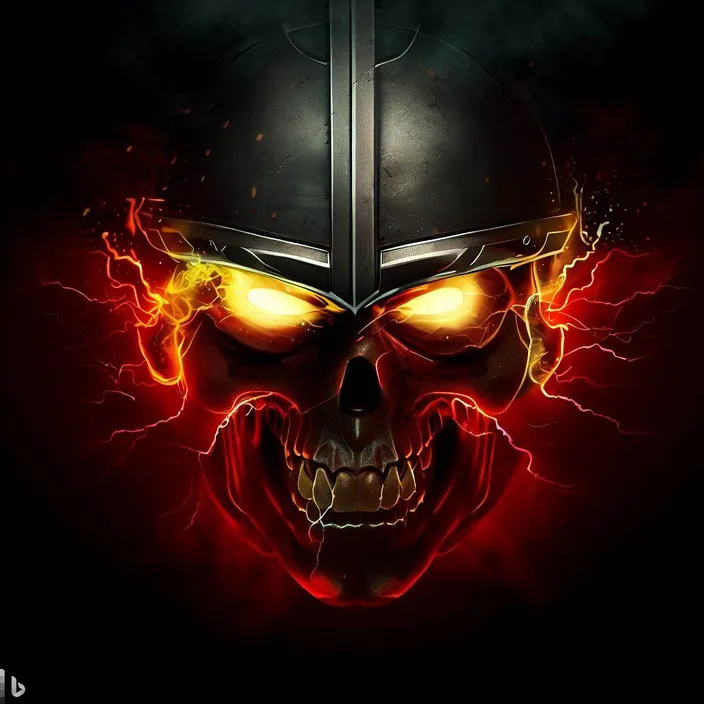 a skull with yellow eyes and a helmet on, the fire that comes out of the skull's eyes moves, as if they were burning