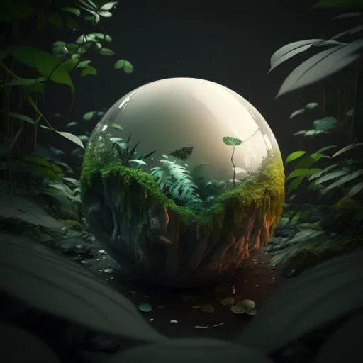 a sphere with plants inside of it in the middle of a forest