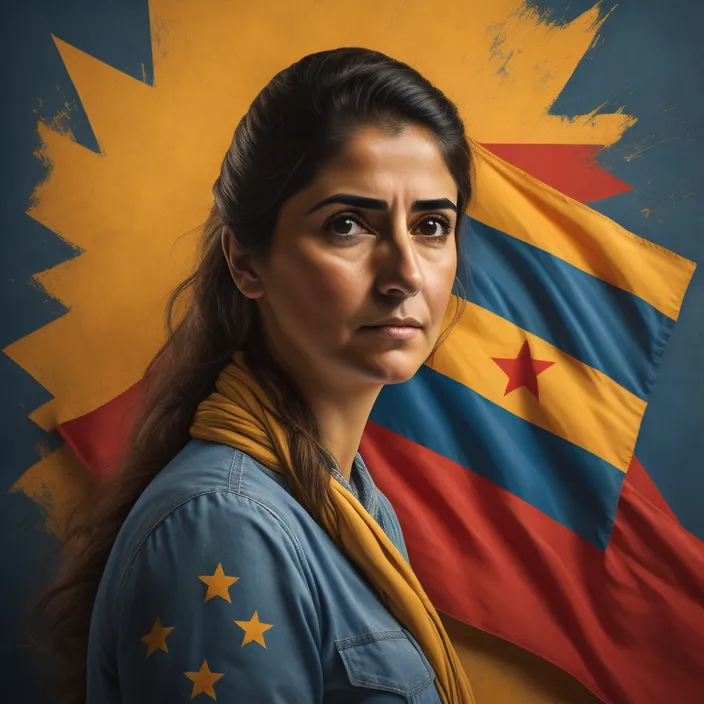 a painting of a woman with a flag in the background