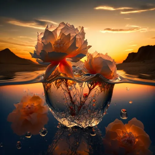 a flower in a bowl of water with a sunset in the background