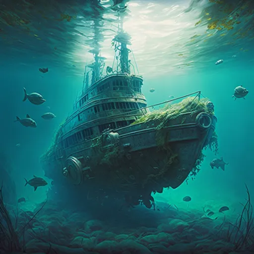 an underwater scene with a ship in the middle of the ocean