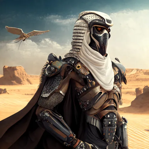 a man dressed in armor standing in the desert