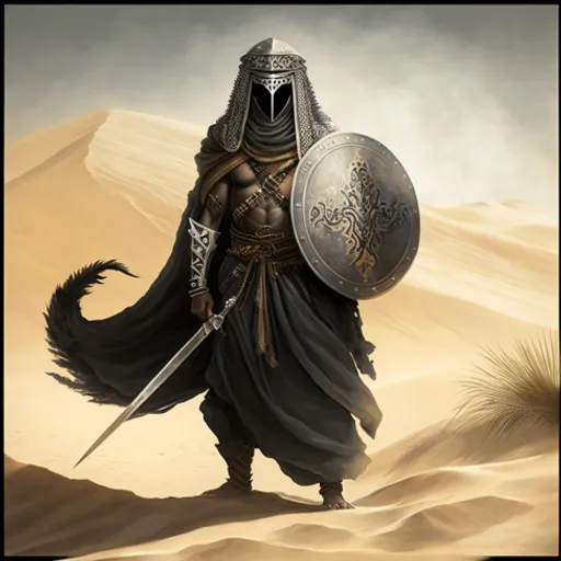 a man with a sword and a shield in the desert