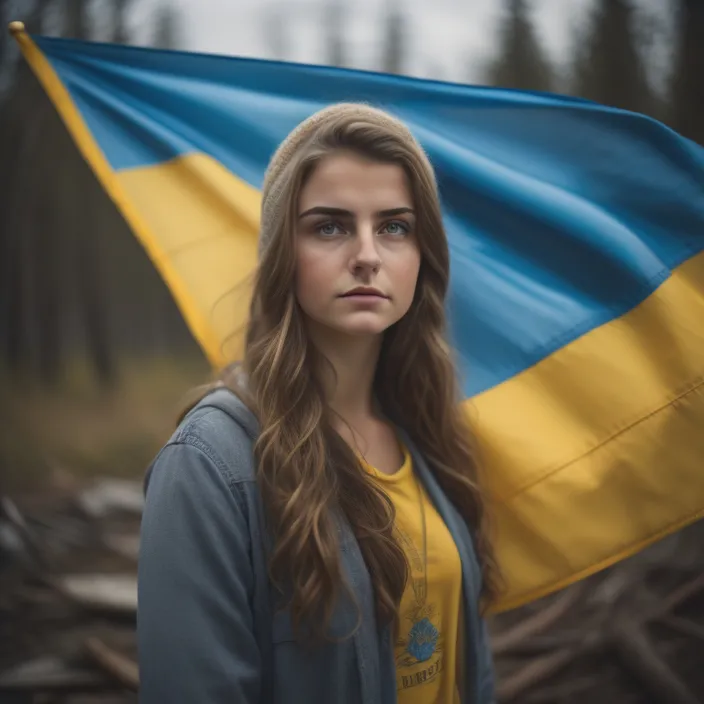 a woman holding a ukraine flag in a forest