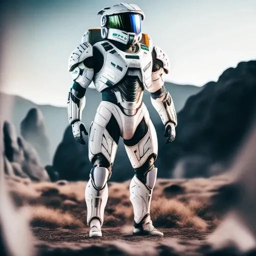 a man in a space suit standing in a desert