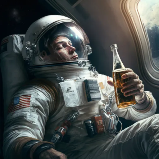 a man in an astronaut suit holding a beer