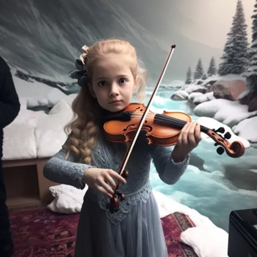 a young girl in a blue dress playing a violin