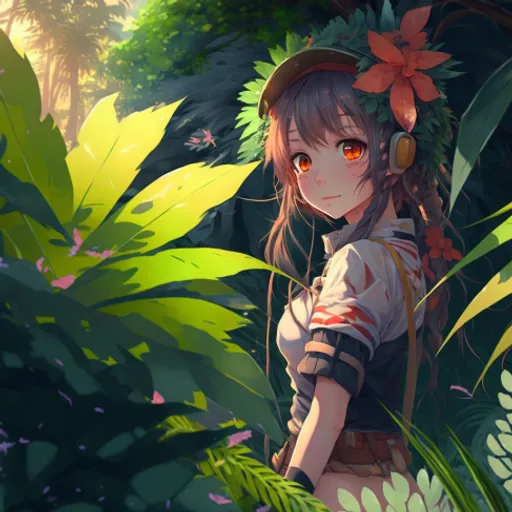 a girl with headphones standing in a forest