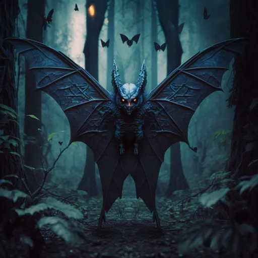 a demonic creature standing in the middle of a forest