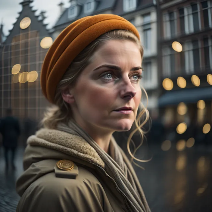 a woman with a turban on standing in front of a building