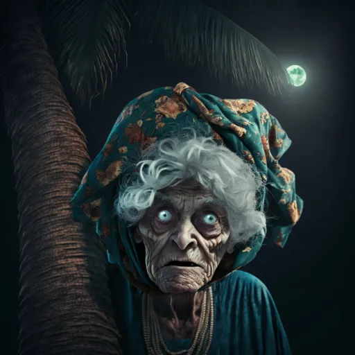 an old woman is holding a palm tree