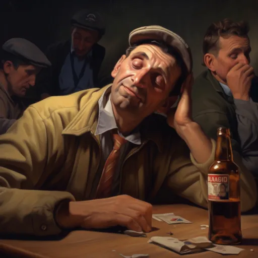 a painting of a man sitting at a table with a bottle of beer