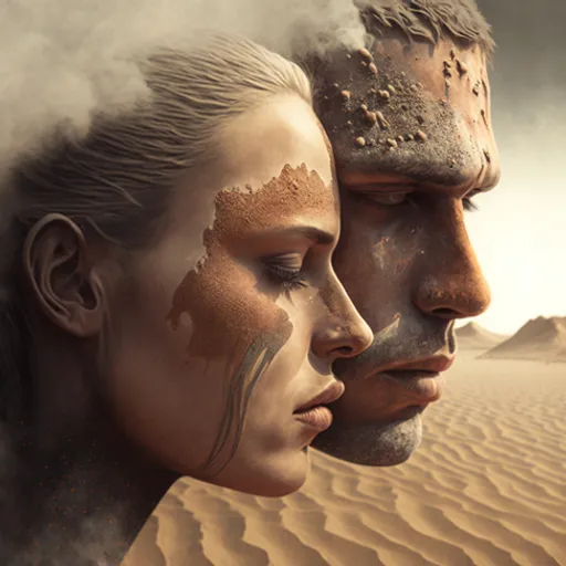 a man and a woman face to face in the desert