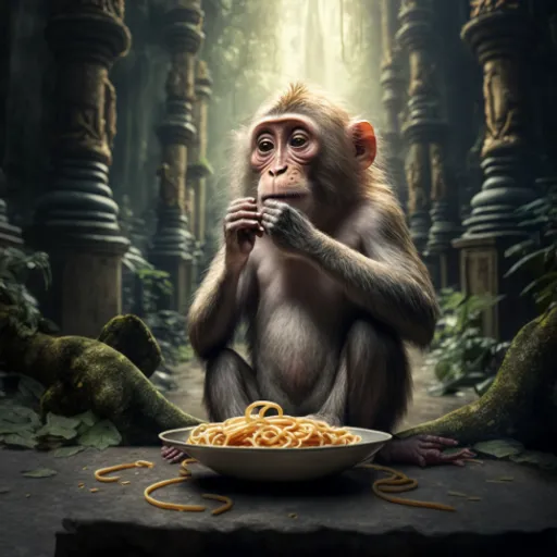 a monkey is eating spaghetti from a bowl