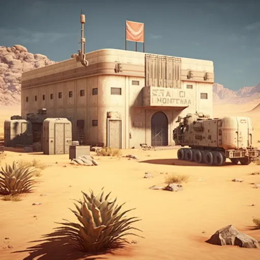 a desert scene with tanks and a building