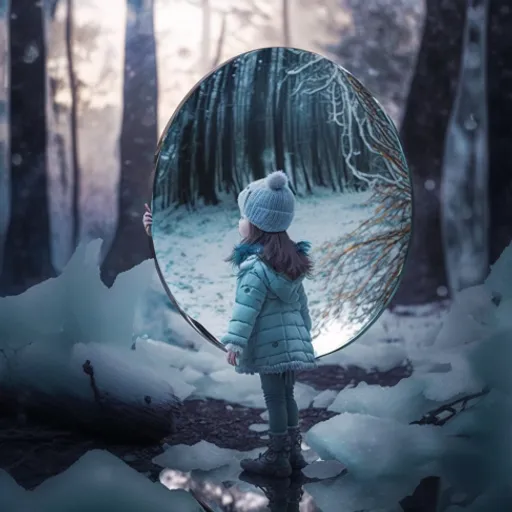 a little girl standing in front of a mirror in the snow