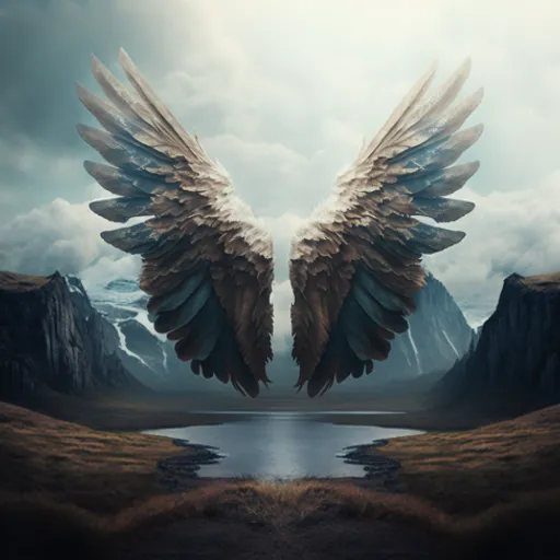 two large wings with mountains in the background