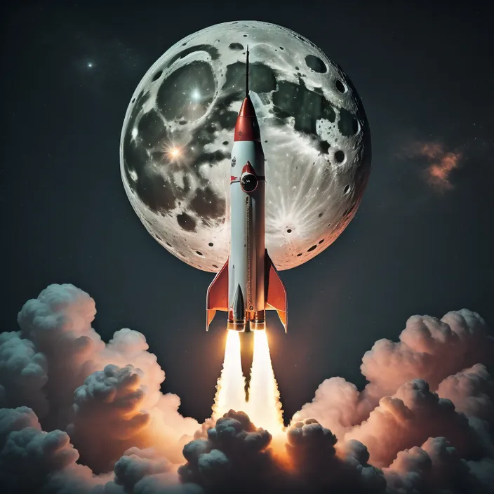 a rocket flying through the air with a full moon in the background