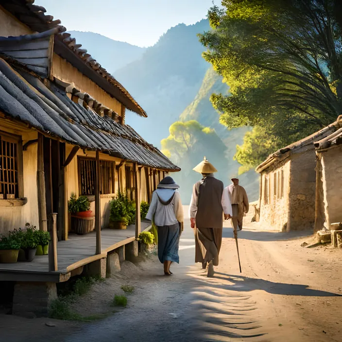 a couple of people walking down a dirt road